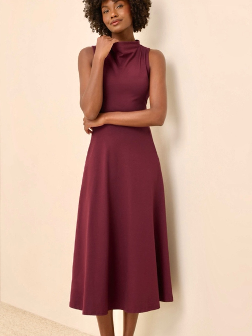 NWOT Pact Organic Windsor Wine Plum Fit & Flare Cowl Mock Neck Midi Dress Small